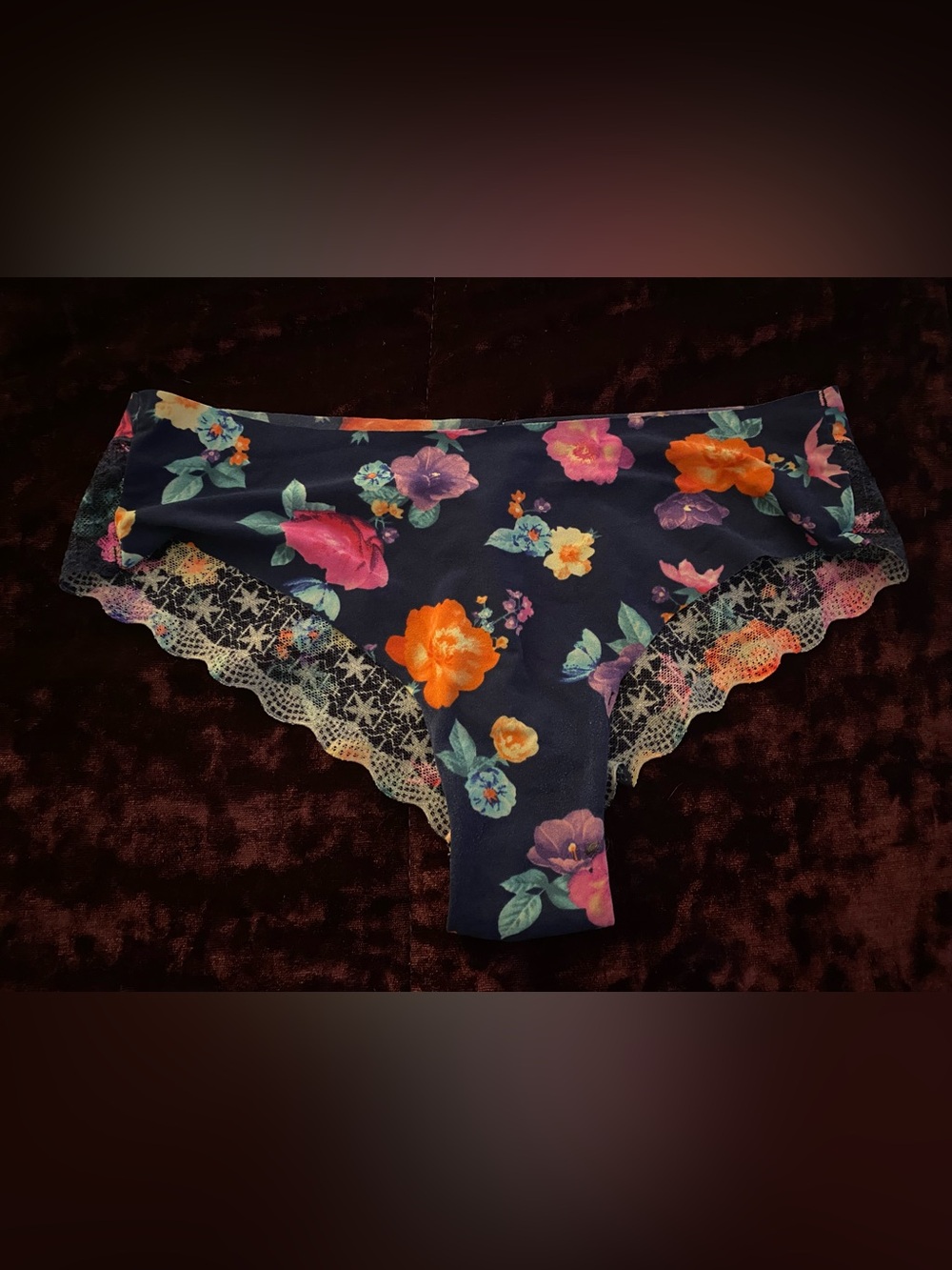 Victorias Secret PINK Floral Lace-Trim Navy Panty M